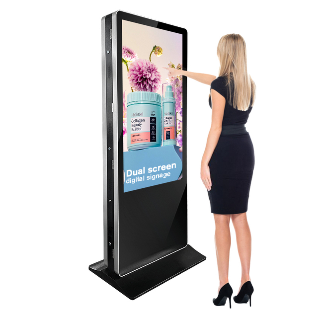 43 49 55 Polegada Ultra Fino Tela Dupla V&iacute;deo Lcd Touch Display Publicidade Totem Suporte Lateral Dupla Sinaliza&ccedil;&atilde;o Digital