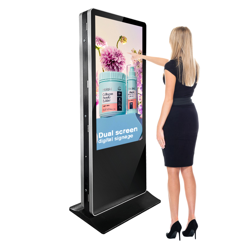 43 49 55 Inci Ultra Tipis Layar Ganda Video Lcd Layar Sentuh Pemutar Iklan Totem Dua Sisi Berdiri Digital Signage