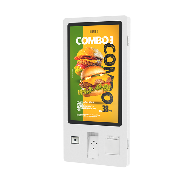 Freistehender 32-Zoll-Fast-Food-Selbstbedienungskiosk mit mehreren Modulen und POS-Halter, Barcode-Scanner, Belegdrucker